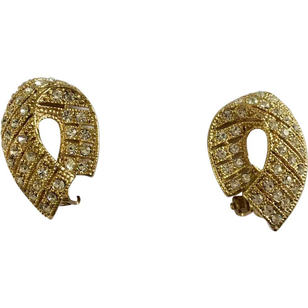 Gold-Tone Rhinestone Encrusted Earrings with Clip… - image 1