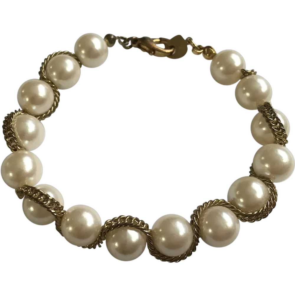 Faux Pearl with Gold-tone wrap Chain Bracelet - image 1