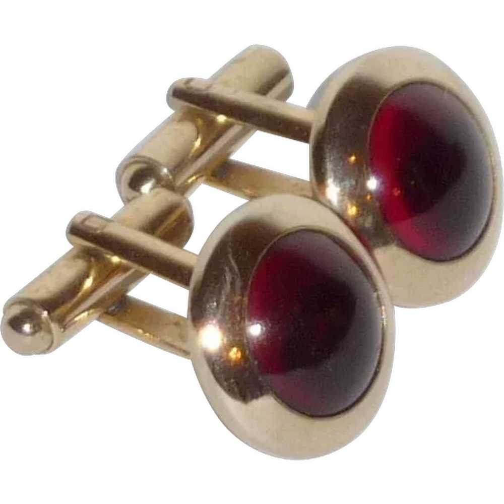 1950's Round Gold Tone Red Domed Cufflinks Cuff L… - image 1