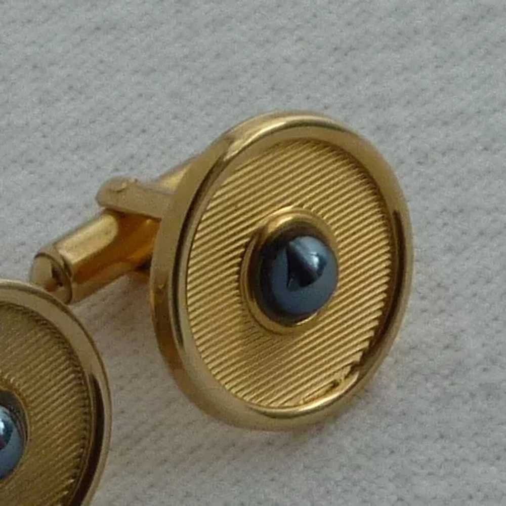 Shields Gold Tone Round Faux Black Pearl Cufflink… - image 3