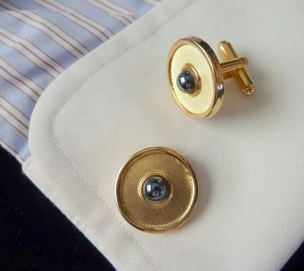 Shields Gold Tone Round Faux Black Pearl Cufflink… - image 4