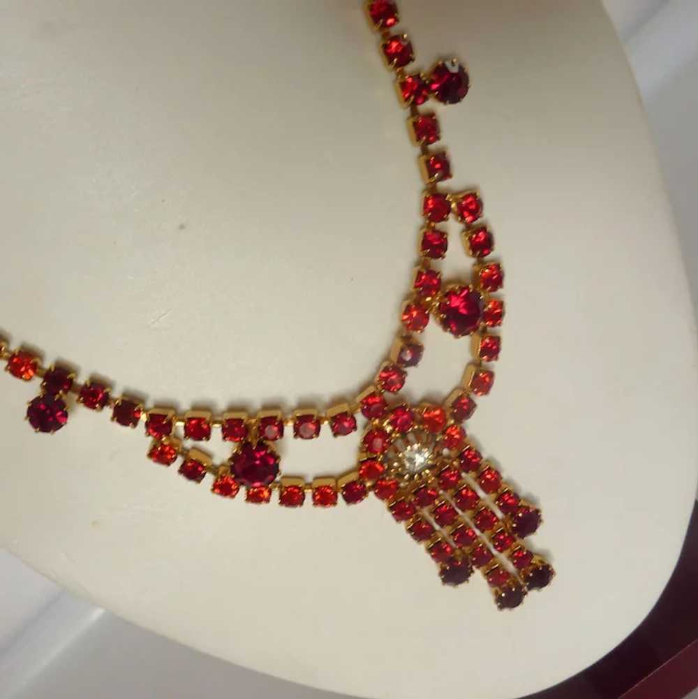 Red Rhinestone Gold Tone Necklace from the 1960’s - image 2