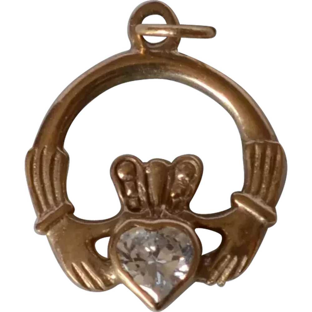 Vintage 9K Yellow Gold & CZ Claddagh Pendant - image 1