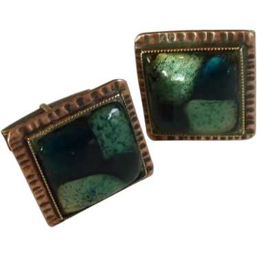 Copper Square Green Glass Cuff Links Cufflinks