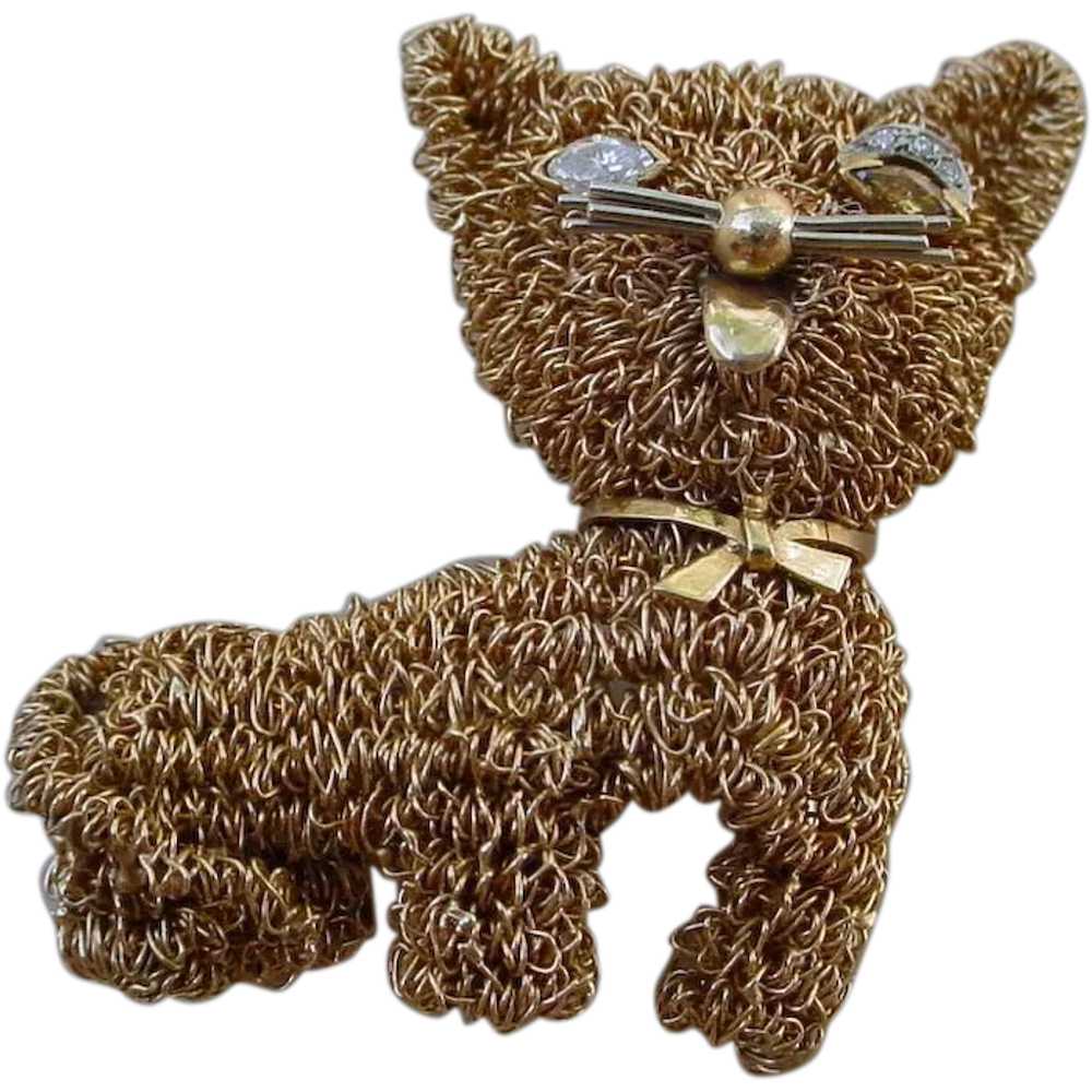 Gorgeous 14K & 18K Gold Wire Woven Brooch, Cat - image 1