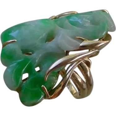 Big Carved Jade Ladies Ring, 14K Gold - image 1