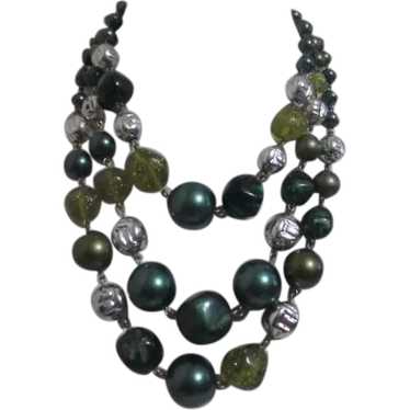 Three Strand Beaded Necklace with Shades of Green… - image 1