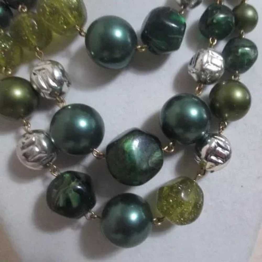 Three Strand Beaded Necklace with Shades of Green… - image 2