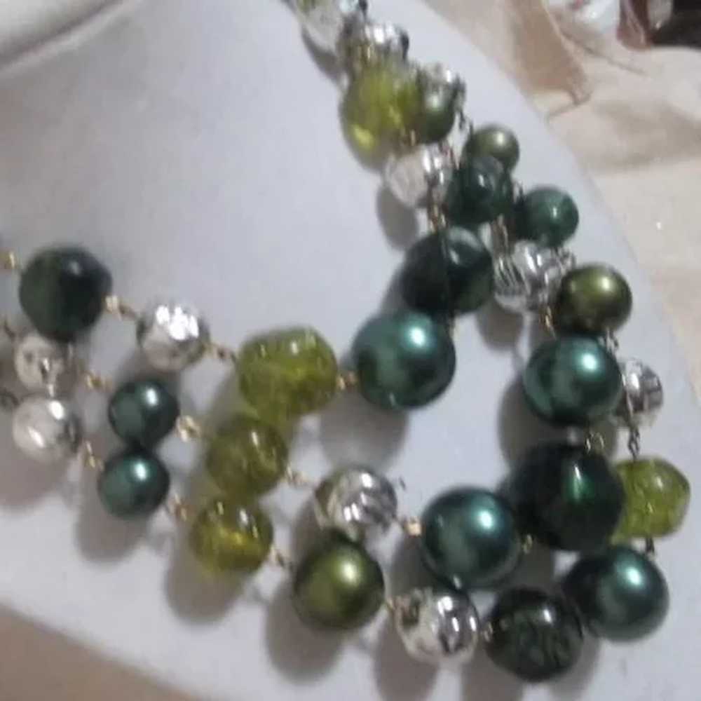 Three Strand Beaded Necklace with Shades of Green… - image 3