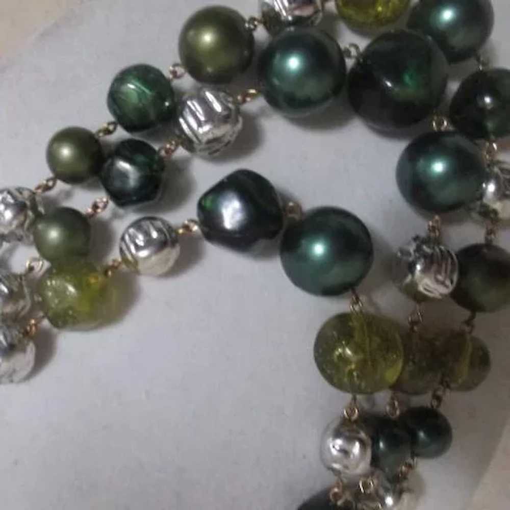 Three Strand Beaded Necklace with Shades of Green… - image 4