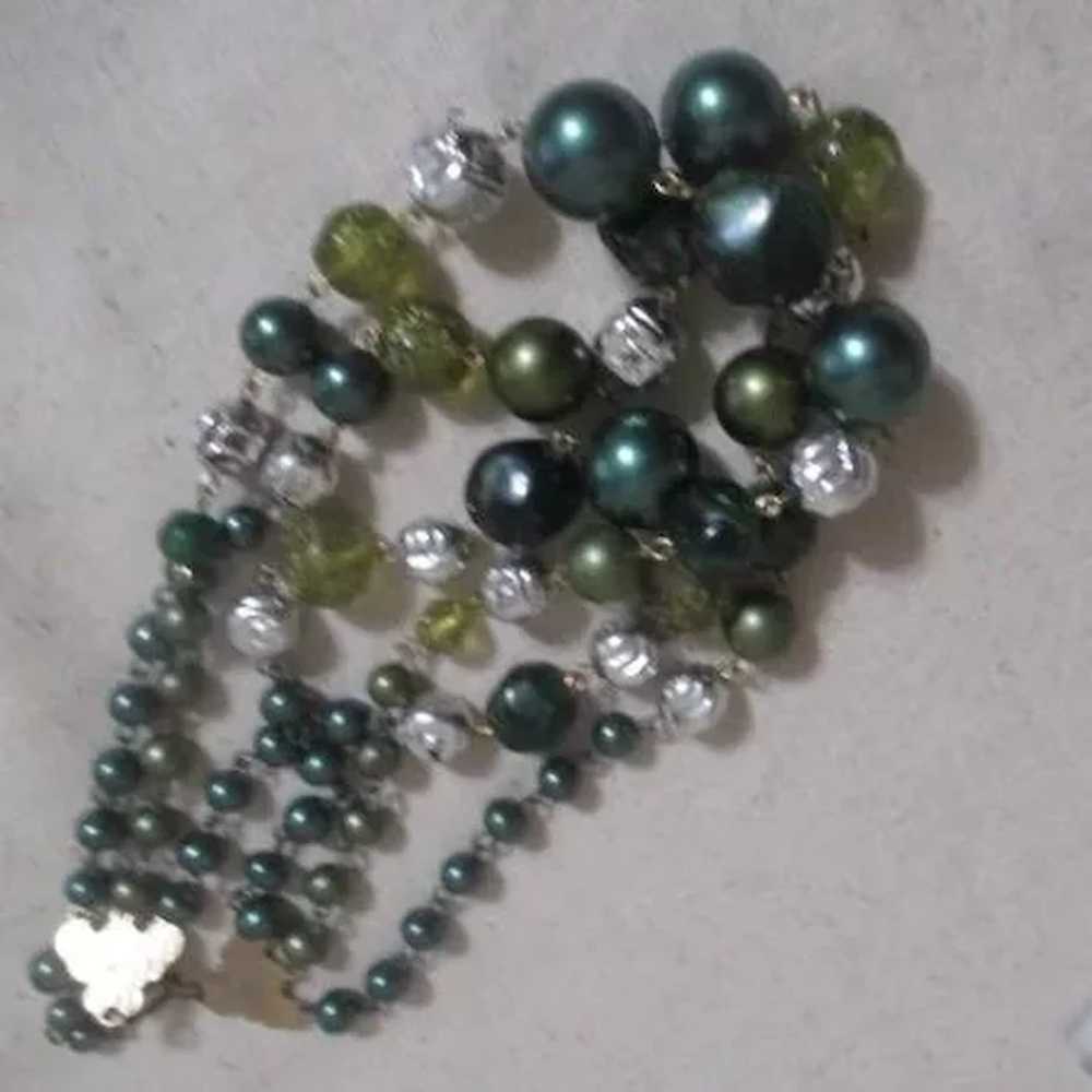 Three Strand Beaded Necklace with Shades of Green… - image 6