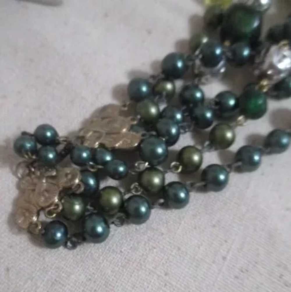 Three Strand Beaded Necklace with Shades of Green… - image 7