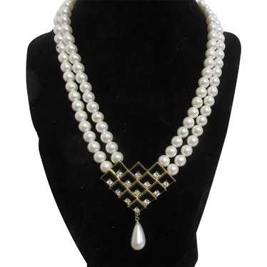 Unsigned 2 Strand Faux Pearl Necklace with Black … - image 1