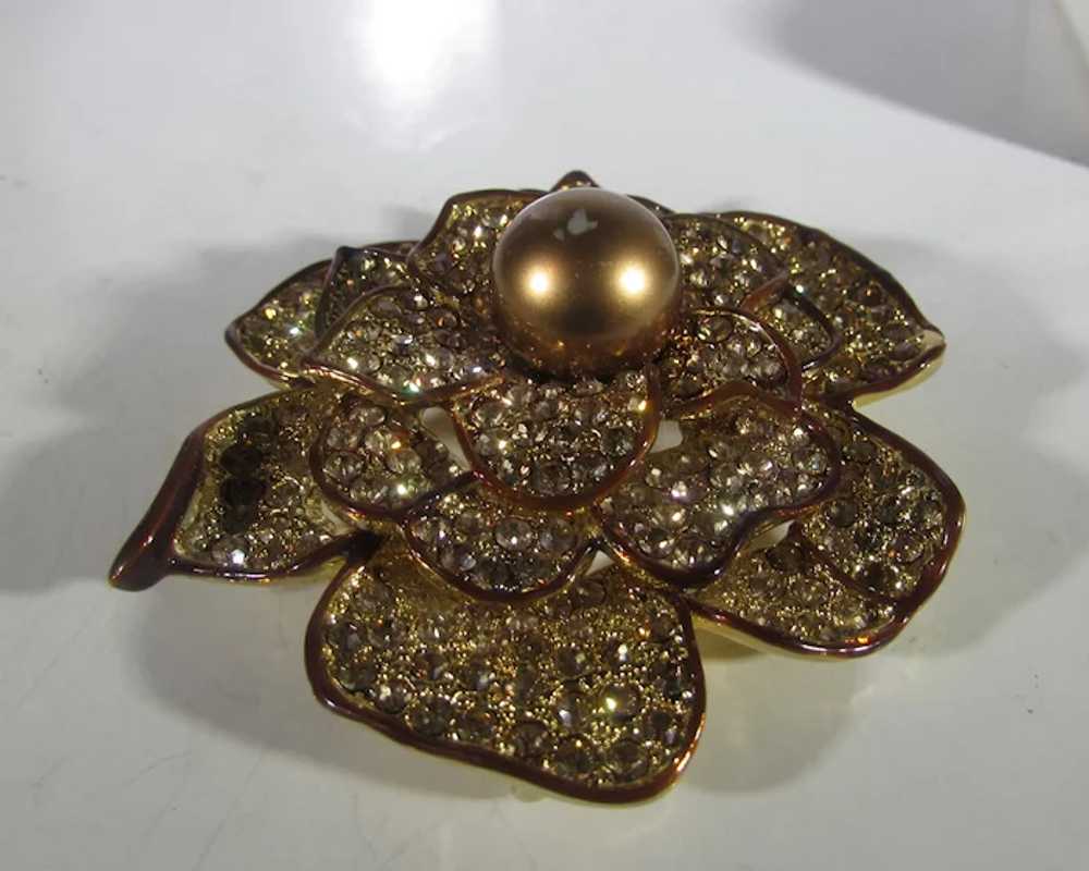 Bronze Tone Flower Pin With Champagne Crystals an… - image 10