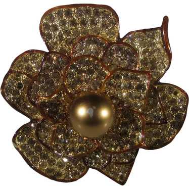 Bronze Tone Flower Pin With Champagne Crystals an… - image 1