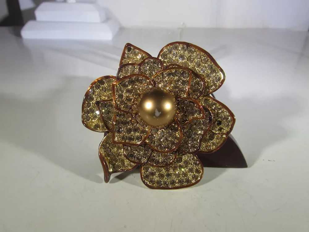 Bronze Tone Flower Pin With Champagne Crystals an… - image 2