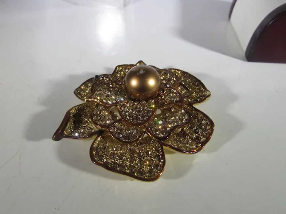 Bronze Tone Flower Pin With Champagne Crystals an… - image 3