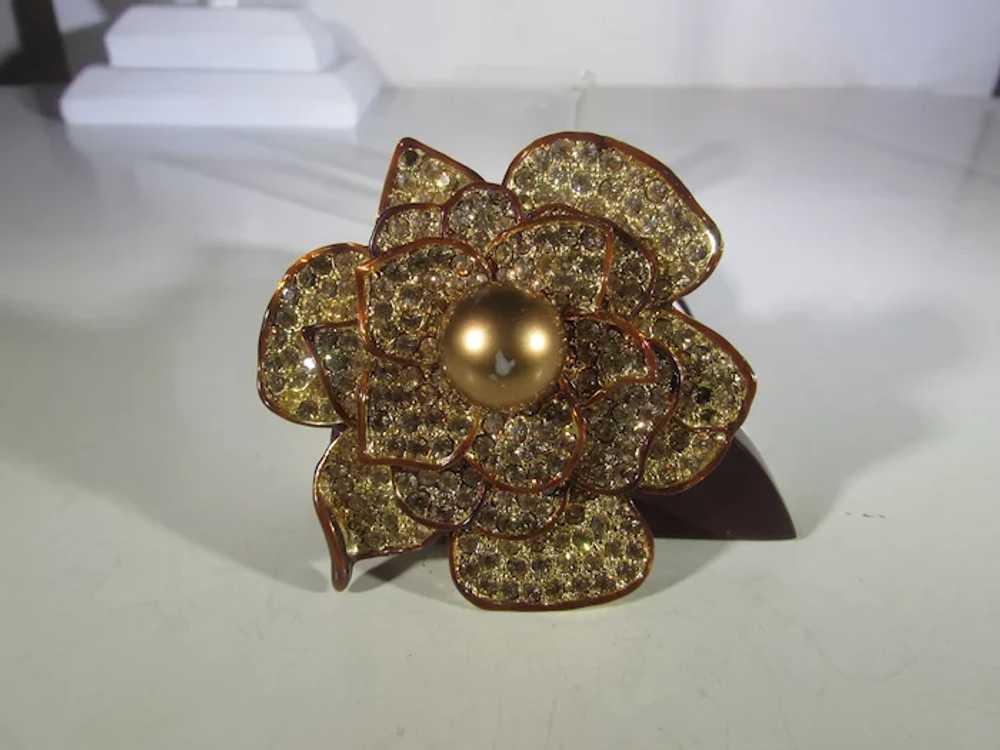 Bronze Tone Flower Pin With Champagne Crystals an… - image 4