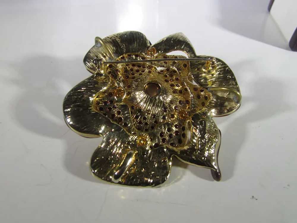 Bronze Tone Flower Pin With Champagne Crystals an… - image 5