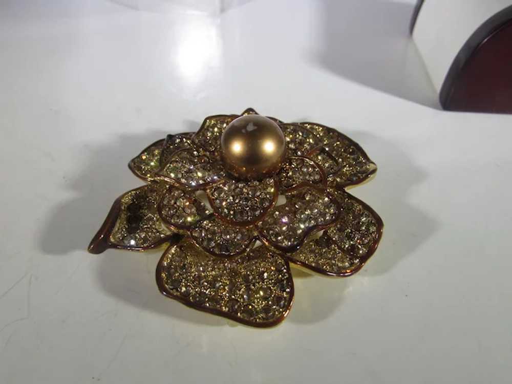 Bronze Tone Flower Pin With Champagne Crystals an… - image 6