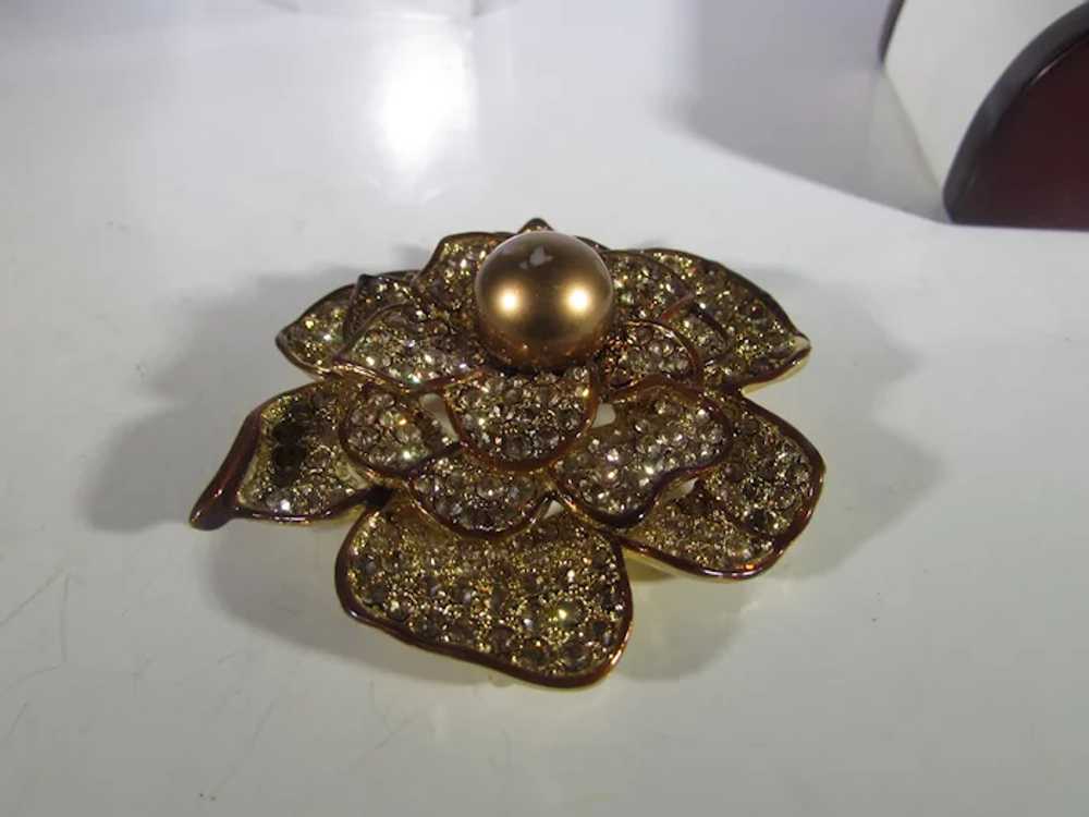 Bronze Tone Flower Pin With Champagne Crystals an… - image 8