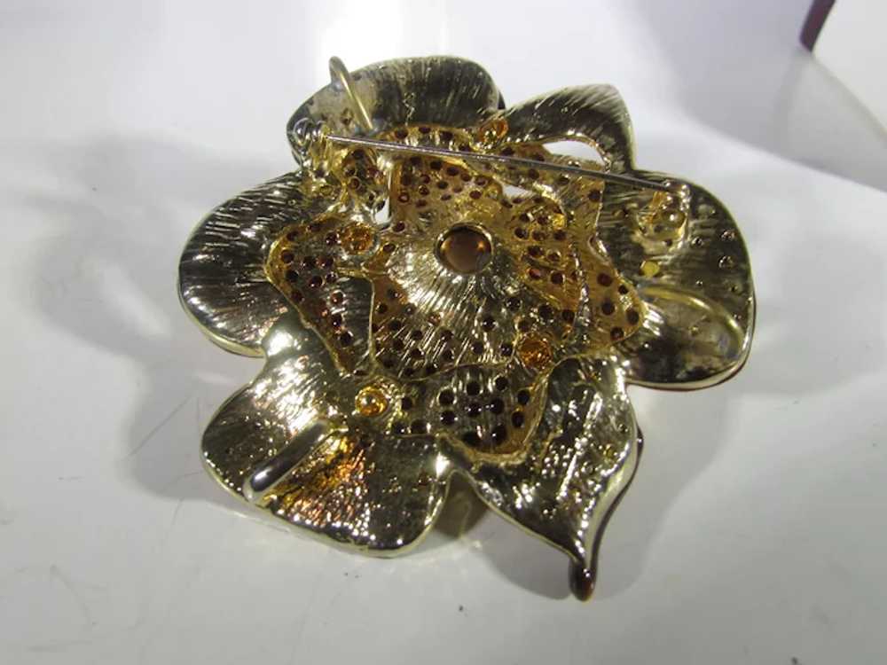 Bronze Tone Flower Pin With Champagne Crystals an… - image 9