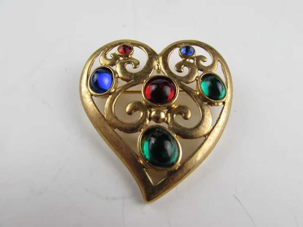 Vintage Gold Tone Heart Pin With Jewel Tone Caboc… - image 10