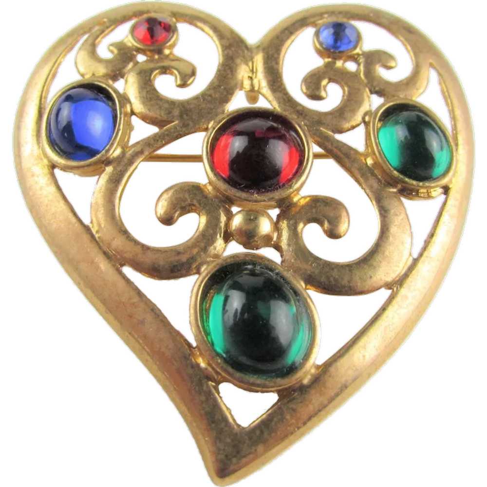 Vintage Gold Tone Heart Pin With Jewel Tone Caboc… - image 1