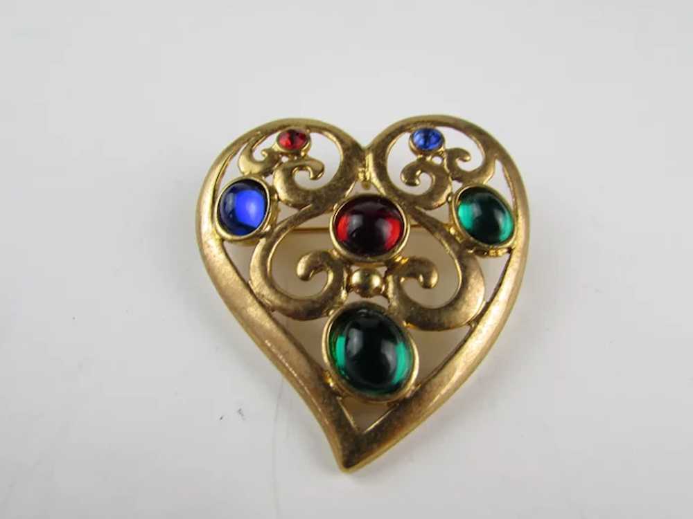 Vintage Gold Tone Heart Pin With Jewel Tone Caboc… - image 2