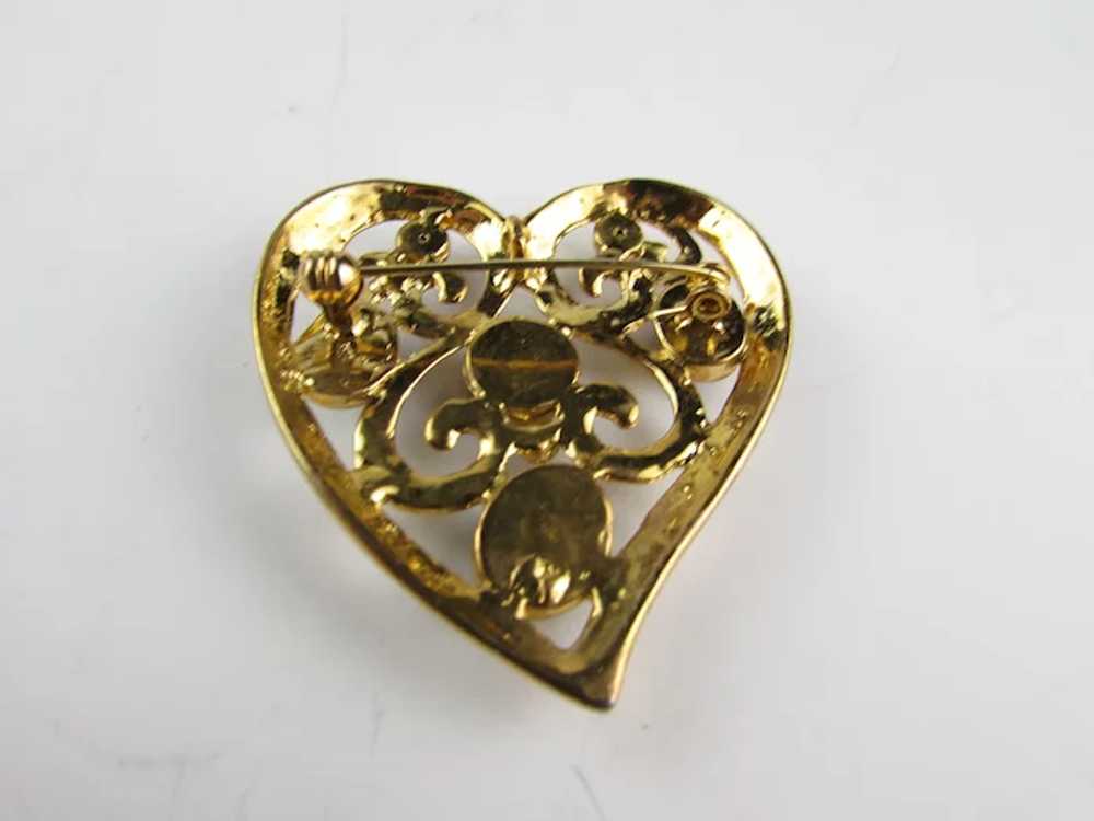 Vintage Gold Tone Heart Pin With Jewel Tone Caboc… - image 3