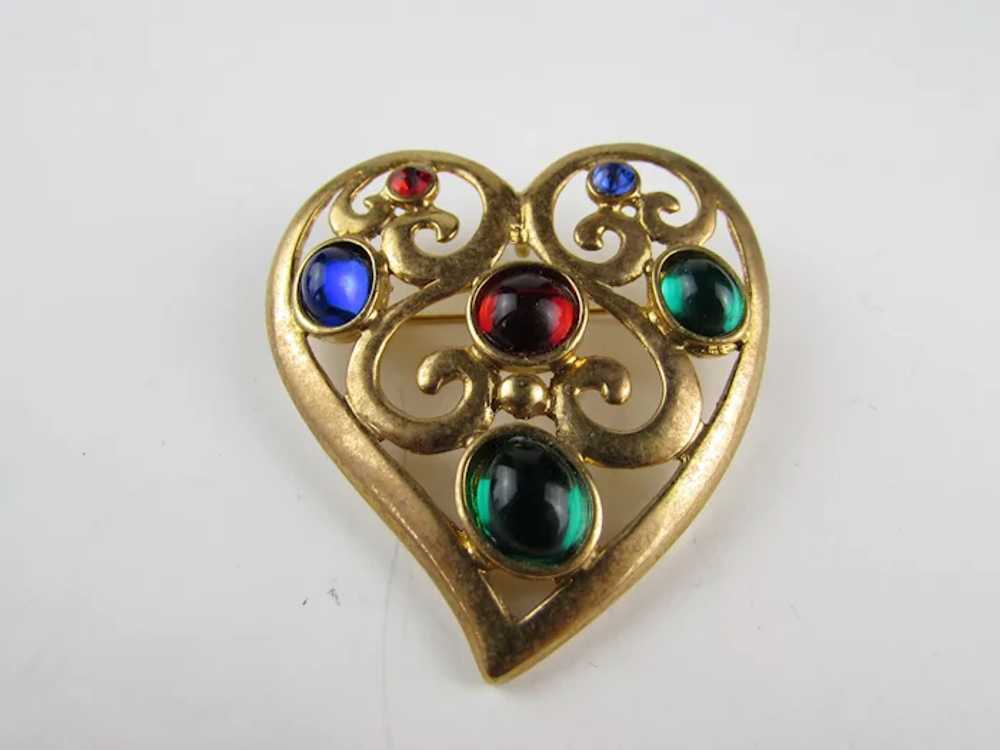 Vintage Gold Tone Heart Pin With Jewel Tone Caboc… - image 4