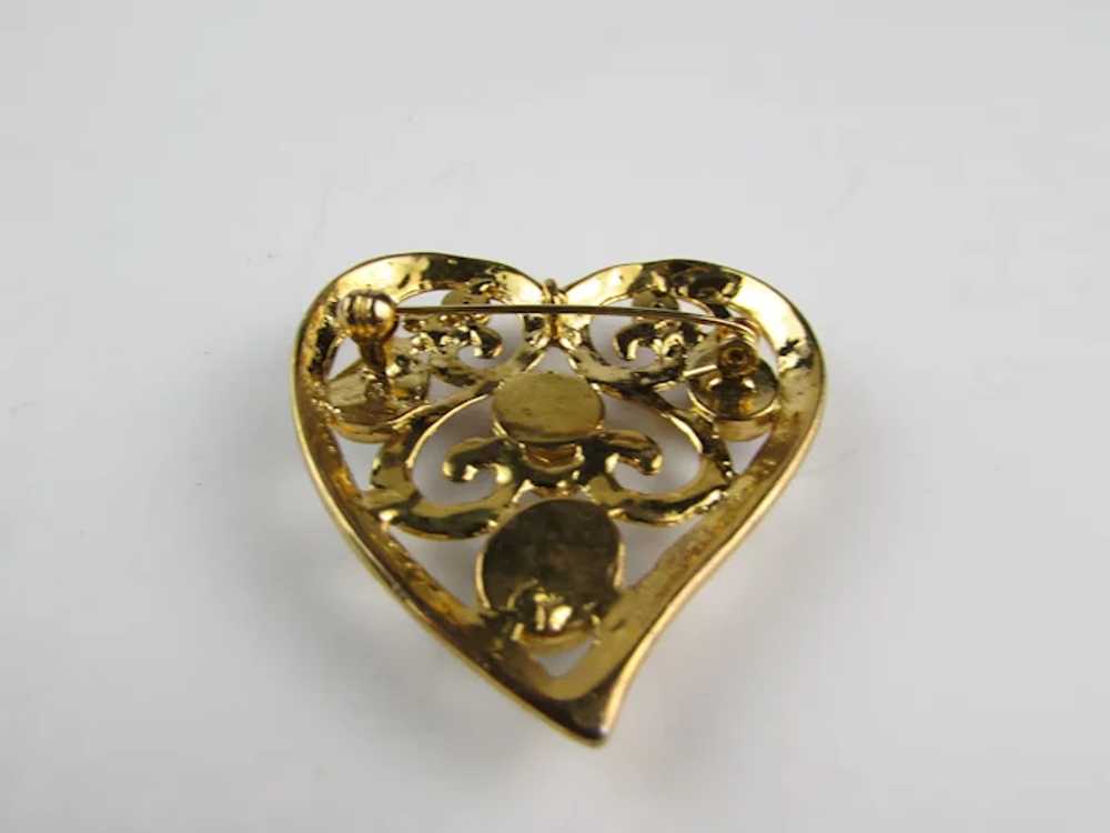 Vintage Gold Tone Heart Pin With Jewel Tone Caboc… - image 5