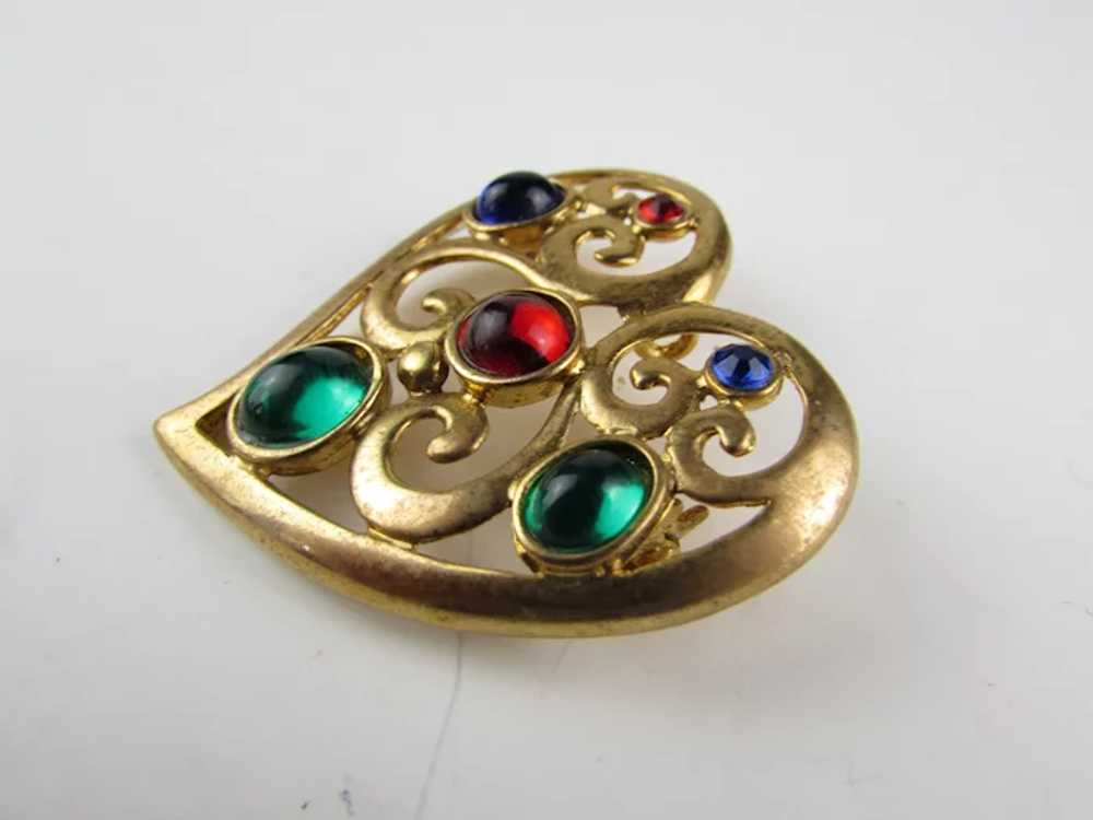 Vintage Gold Tone Heart Pin With Jewel Tone Caboc… - image 7