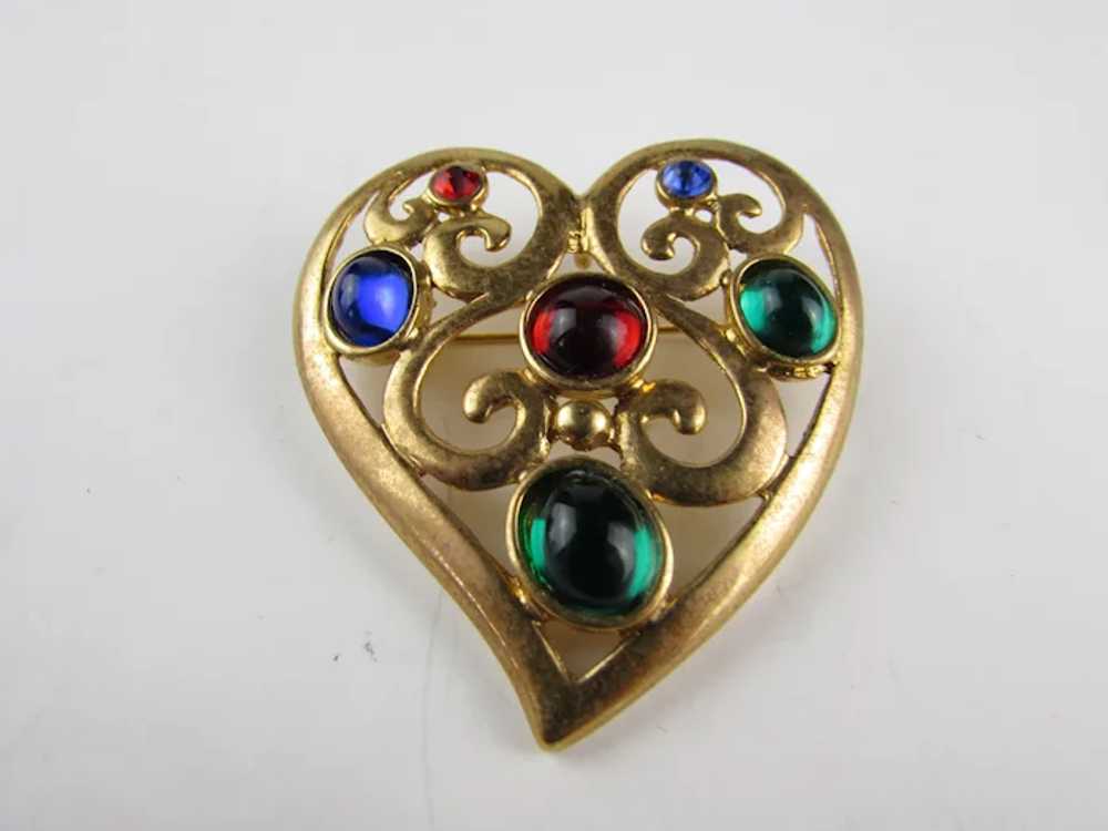 Vintage Gold Tone Heart Pin With Jewel Tone Caboc… - image 8