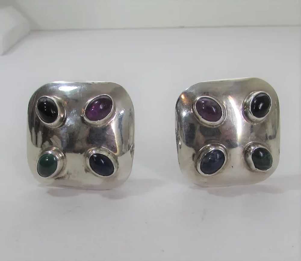 Sterling Silver Mexican Clip On Earrings With Gem… - image 11