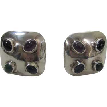 Sterling Silver Mexican Clip On Earrings With Gem… - image 1