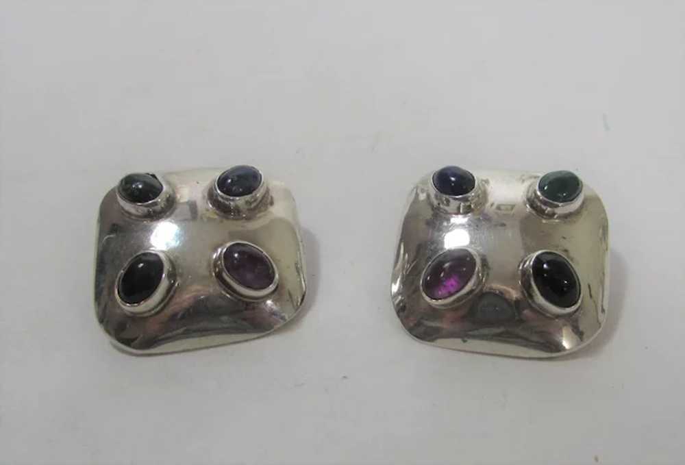 Sterling Silver Mexican Clip On Earrings With Gem… - image 3