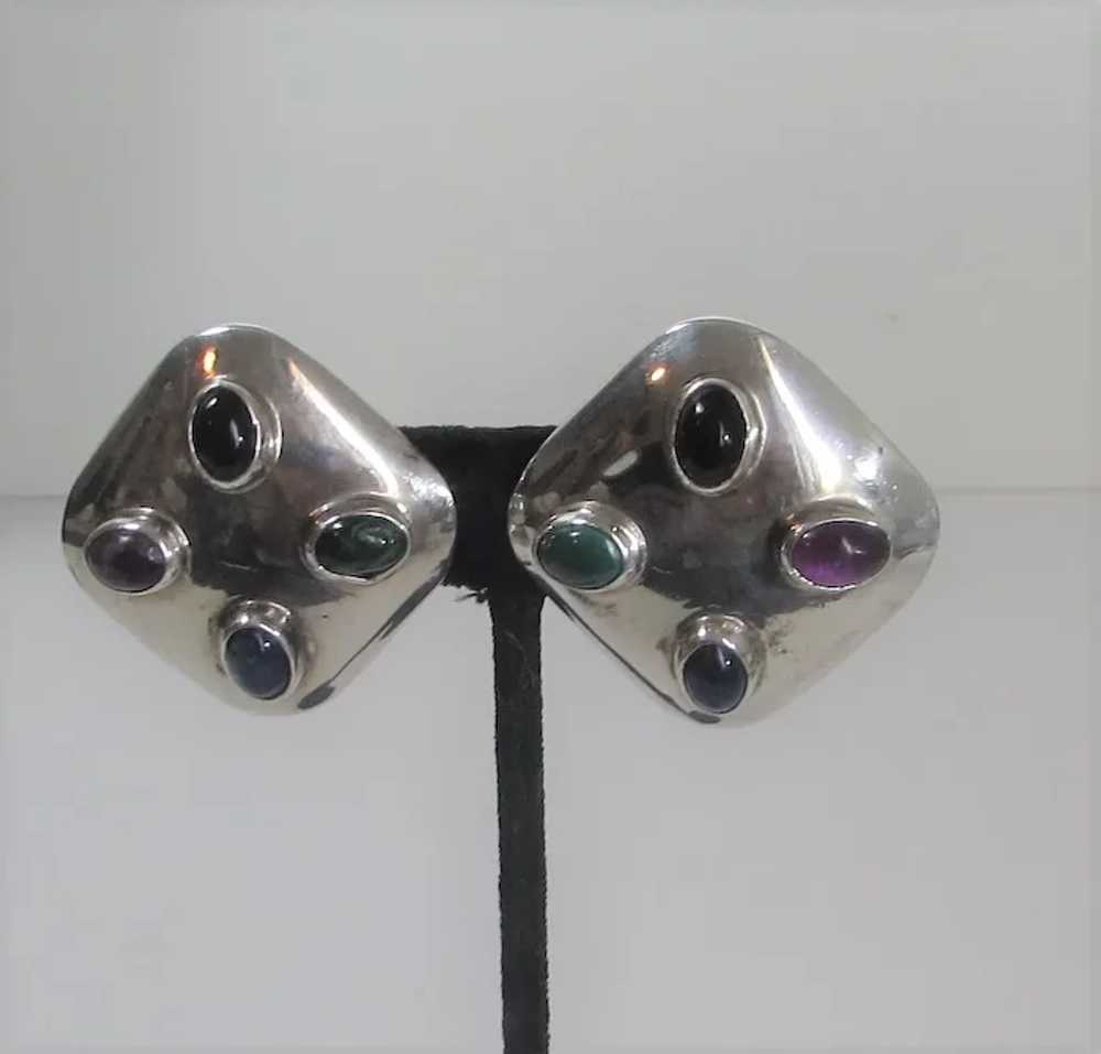 Sterling Silver Mexican Clip On Earrings With Gem… - image 4