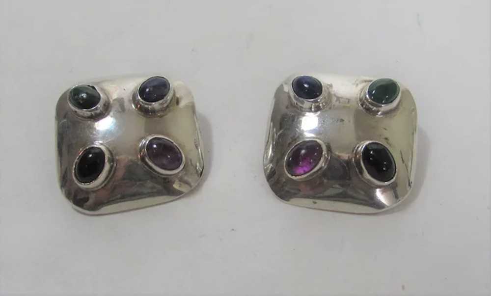 Sterling Silver Mexican Clip On Earrings With Gem… - image 7