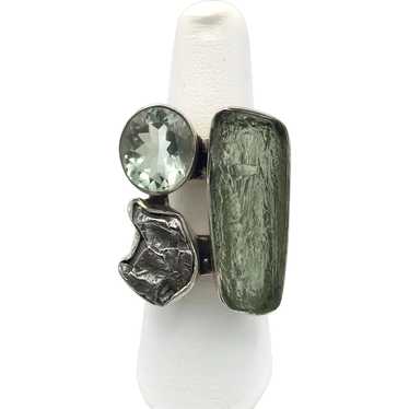 Moldavite, Meteorite, & Prasiolite Ring - Sterling