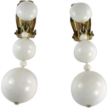 White Glass Bead Vintage Long Dangle Earrings