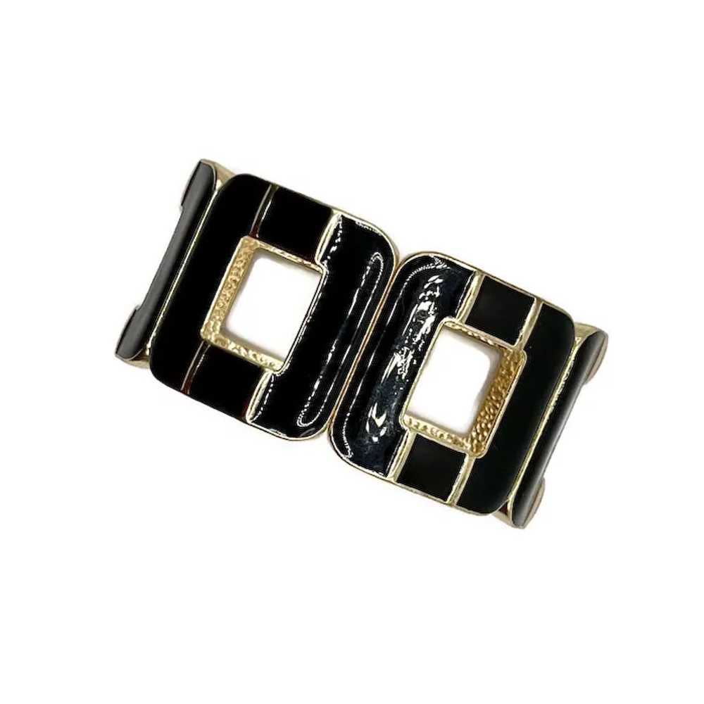 Black Enamel Goldtone Modernist Stretch Bracelet - image 3