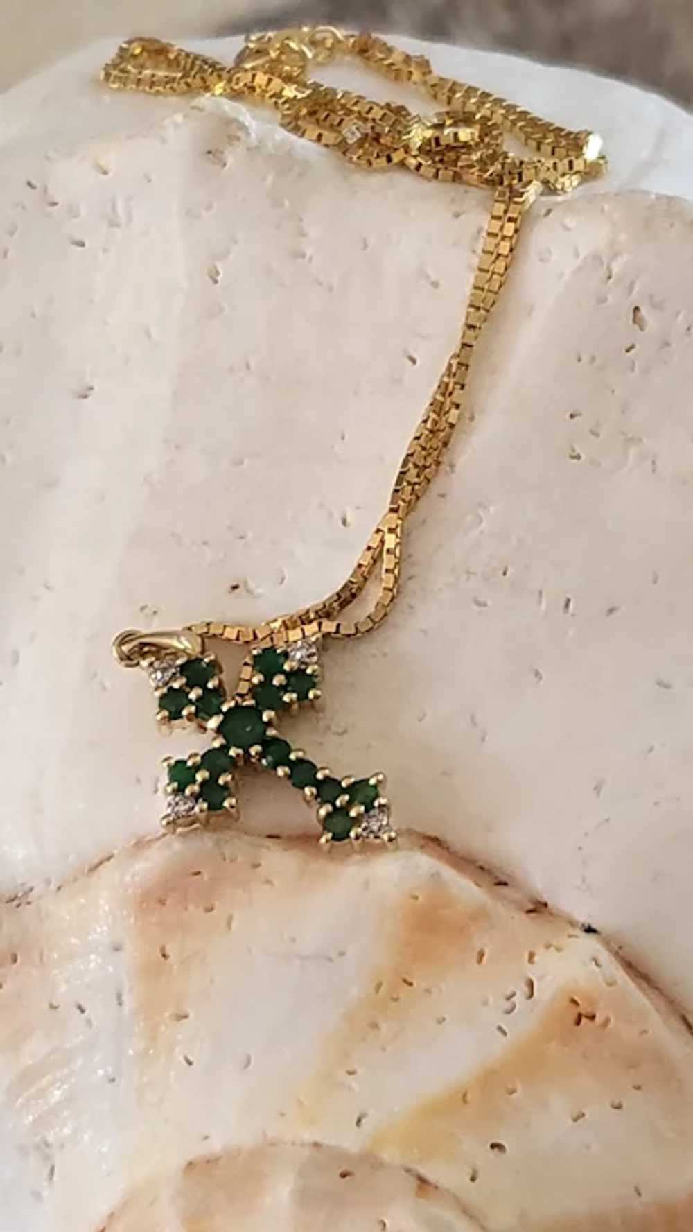 Emerald and Diamond Cross in 14K Gold with 14K Bo… - image 3
