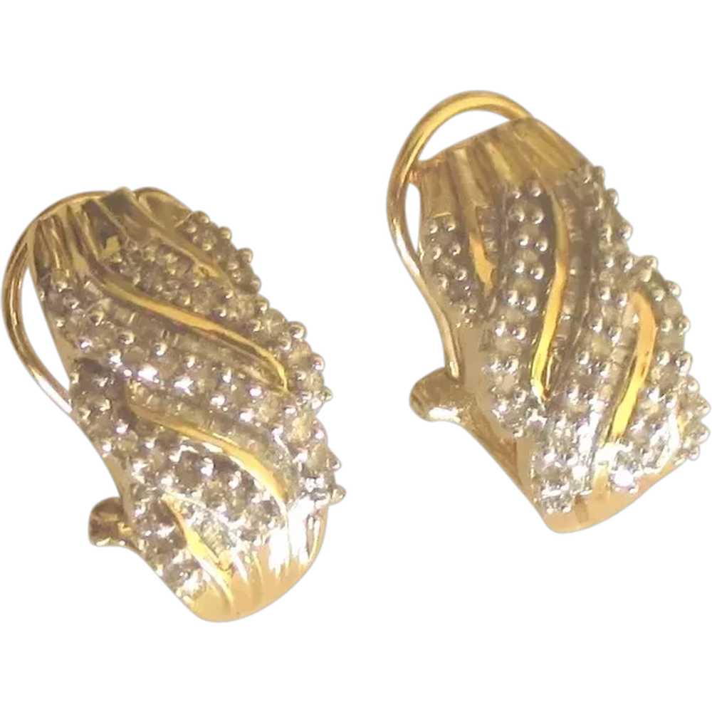 Estate 10K YG Pave Diamond Omega Pierced Earrings - image 1