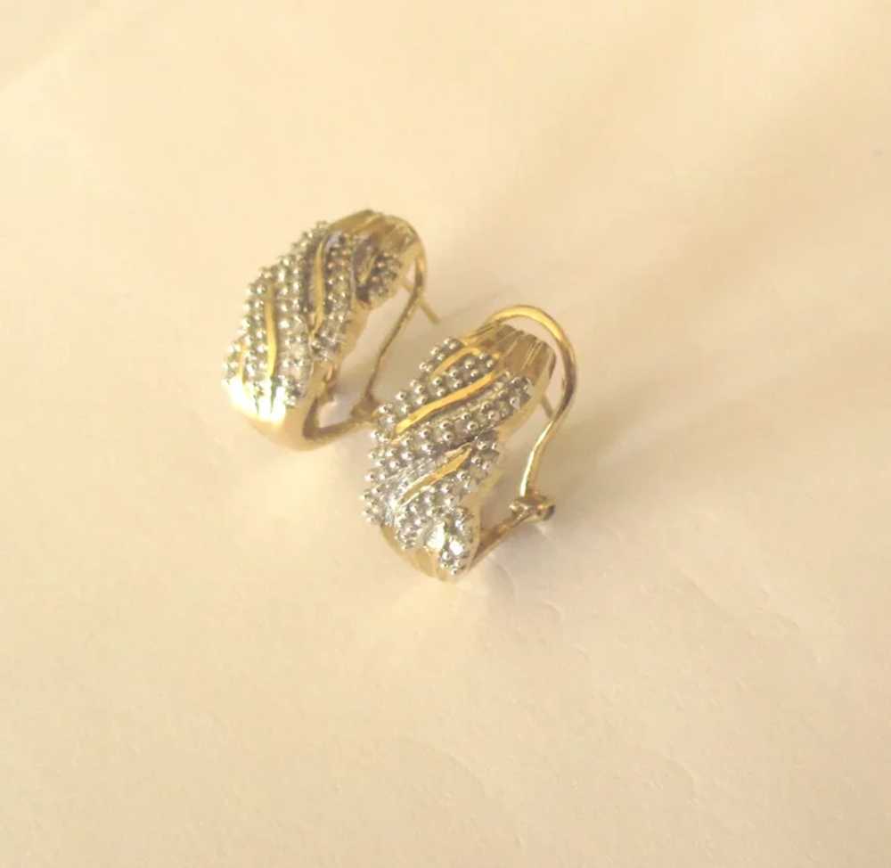 Estate 10K YG Pave Diamond Omega Pierced Earrings - image 2