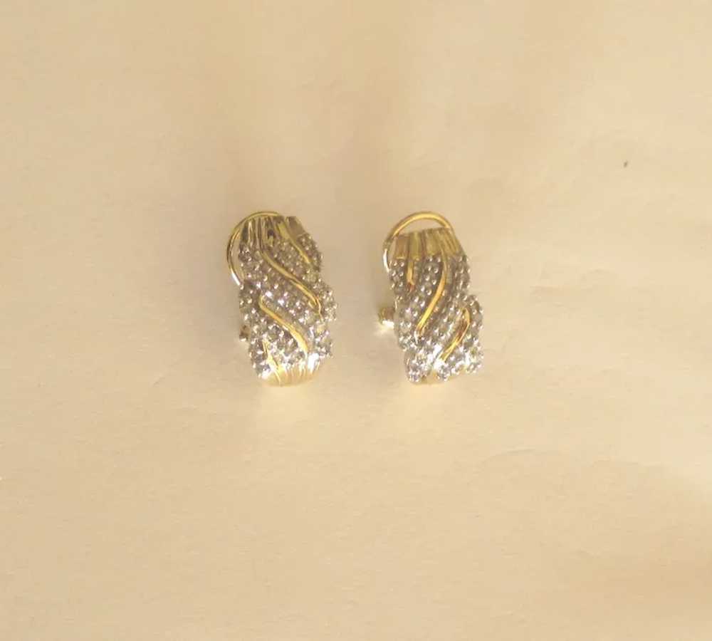 Estate 10K YG Pave Diamond Omega Pierced Earrings - image 4