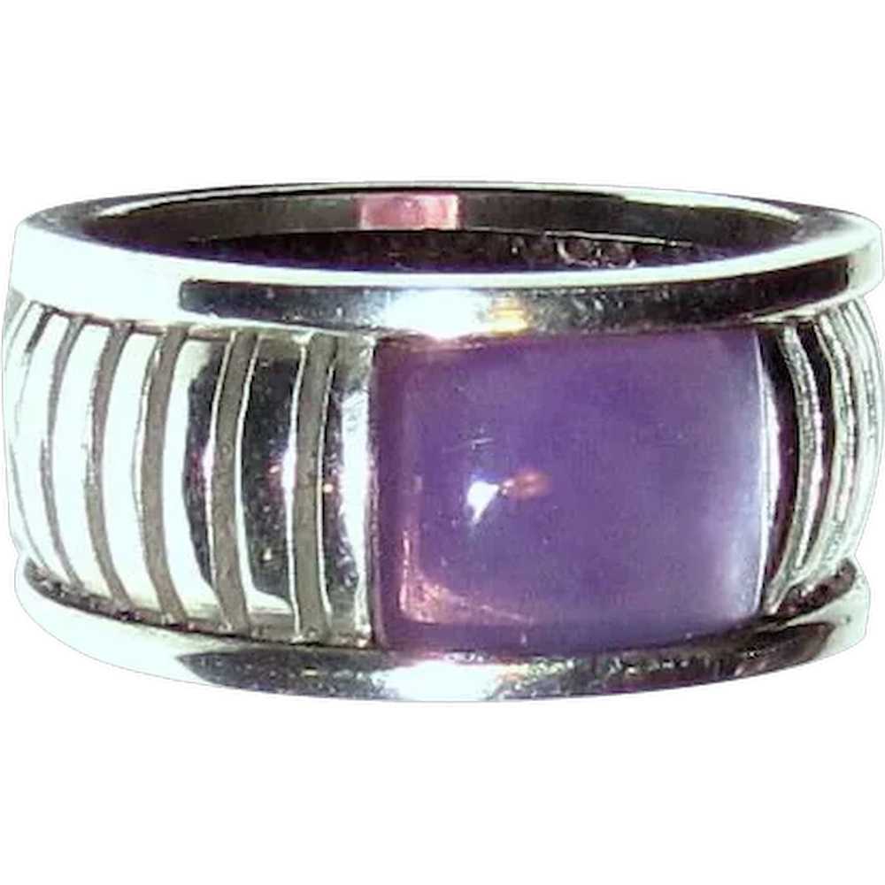 Sterling Cigar Band Ring w/ Purple Stone, Sz 9, 1… - image 1