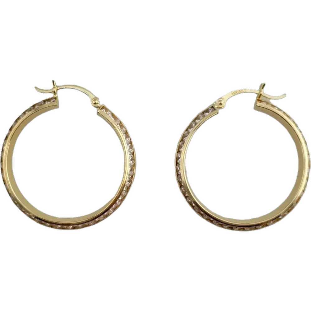 Vintage 14K Yellow Gold Hoops With Clear Stone - image 1