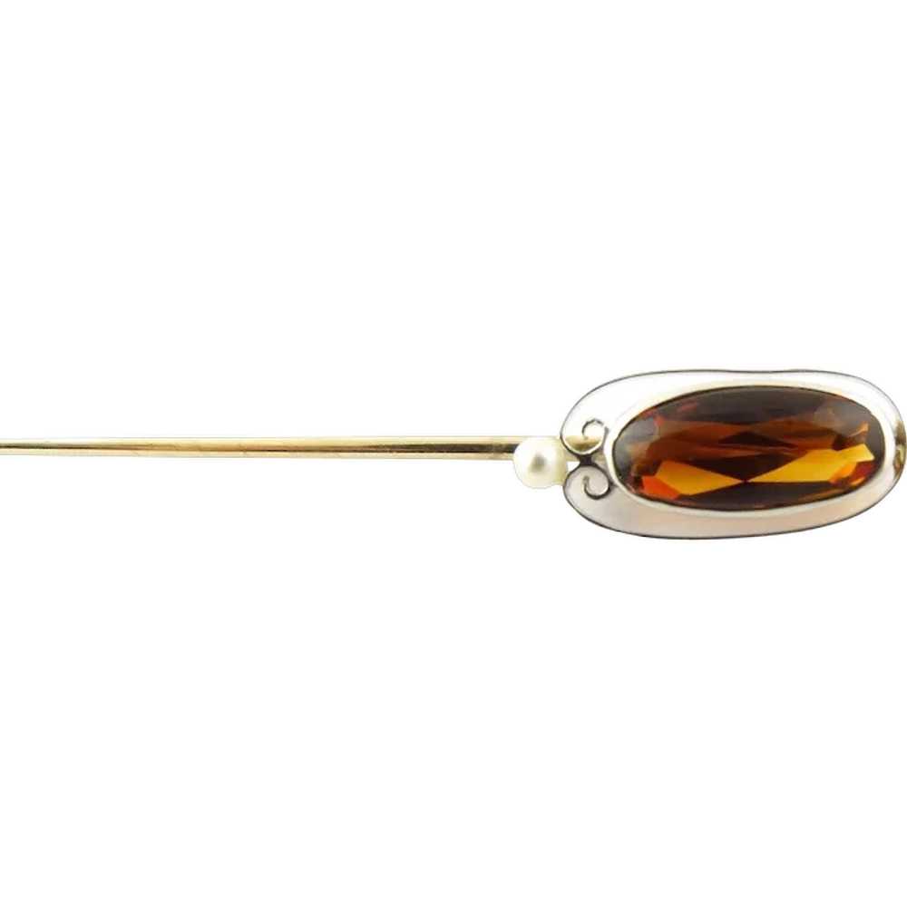 Vintage White Gold Amber and Seed Pearl Stick Pin - image 1