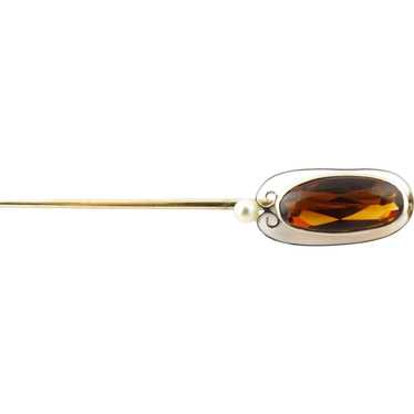 Vintage White Gold Amber and Seed Pearl Stick Pin - image 1